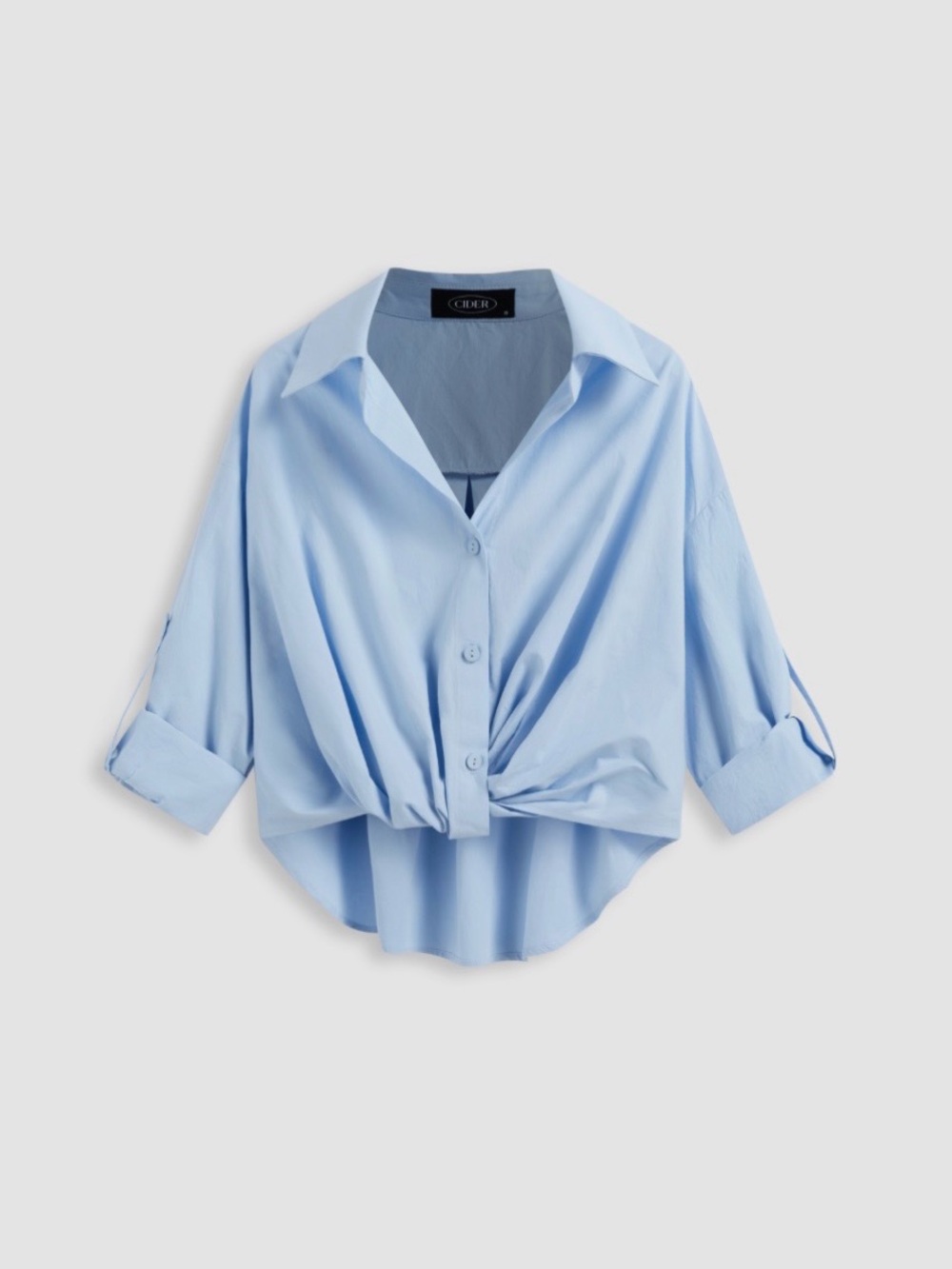 Cider Light Blue Button-Front Knot Shirt with Roll-Tab Sleeves